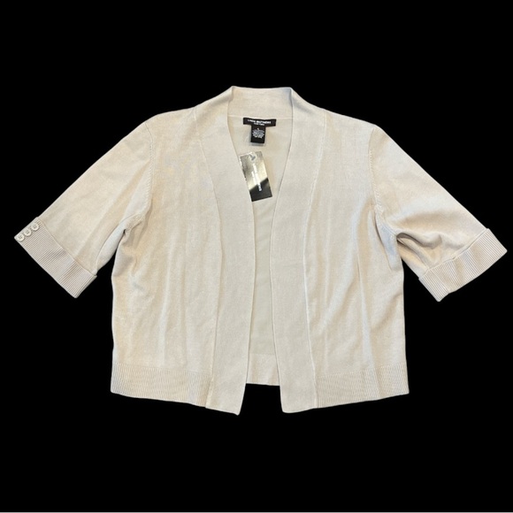 Linda Matthews Sweaters - New Linda Matthews Large Taupe Short Sleeve Cardigan